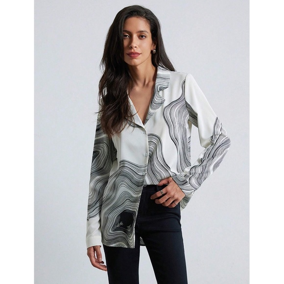 Marble Print Button Down Collared Long Sleeve Dress Shirt Top - Picture 3 of 9